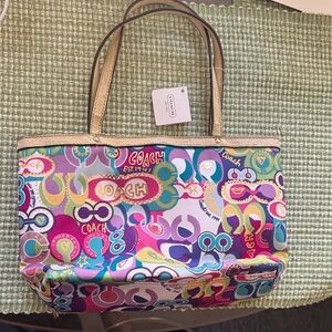 Coach Multicolor Pink Purple Teal Graphic Tote with Gold Trim